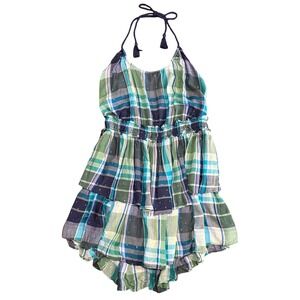 Aerie Halter Mini Dress Sz XL Boho Plaid Blue Green Ruffle Smocked Beach Coastal